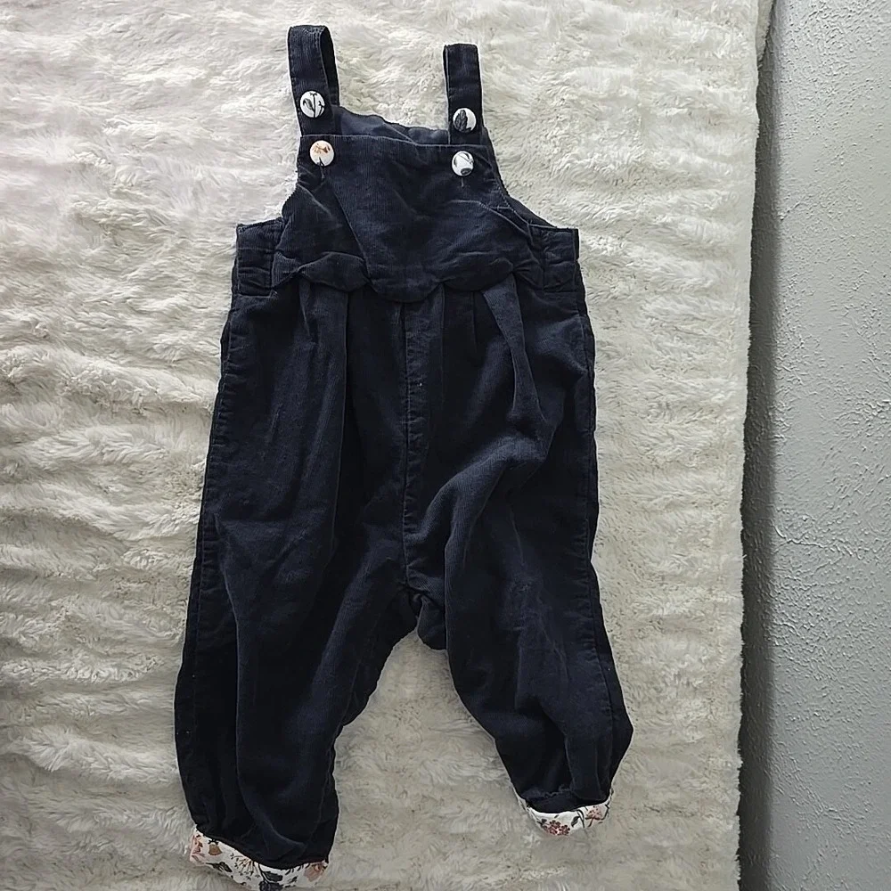 Tahari‎ Corduroy Scalloped Floral Trim Girl Romper Blue Jumpsuit 6-9mo Dainty